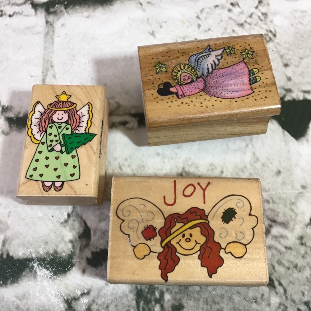 Wood Mounted‎ Rubber Stamps Angels Lot Of 3 Joy Cartoon Religious